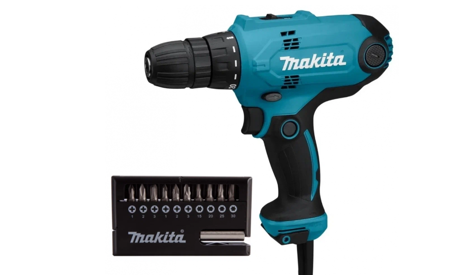 Шуруповерт сетевой Makita DF0300X2 + набор бит 11 шт. D-30651
