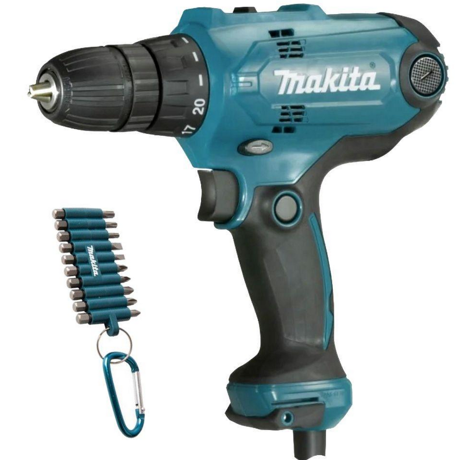 Шуруповерт сетевой Makita DF0300X3 с набором бит
